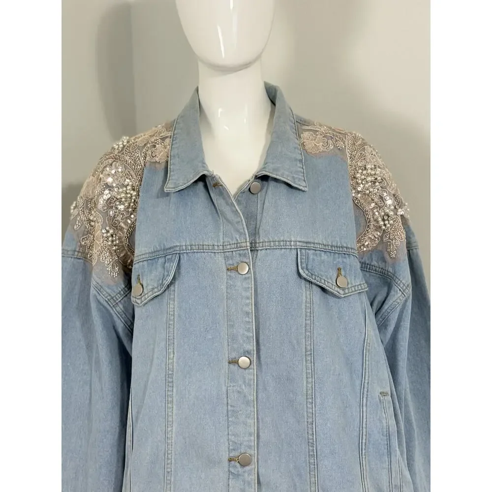 Arula Women’s Denim Jacket Plus Size 3X Light Wash Pearl Sequin Lace Embellished - Picture 3 of 15